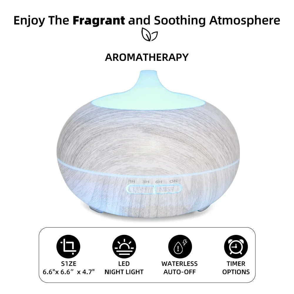 550ml Wood Grain Aromatherapy Diffuser, Remote, 6 Essential Oils, 7 Color LED Light
