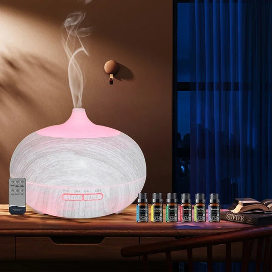 550ml Wood Grain Essential Oil Diffuser  Comes with Remote, 6 Oils & 7 Color LED Mood Light