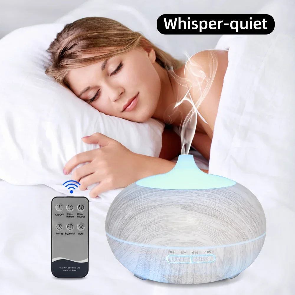 550ml Wood Grain Essential Oil Diffuser  Comes with Remote, 6 Oils & 7 Color LED Mood Light