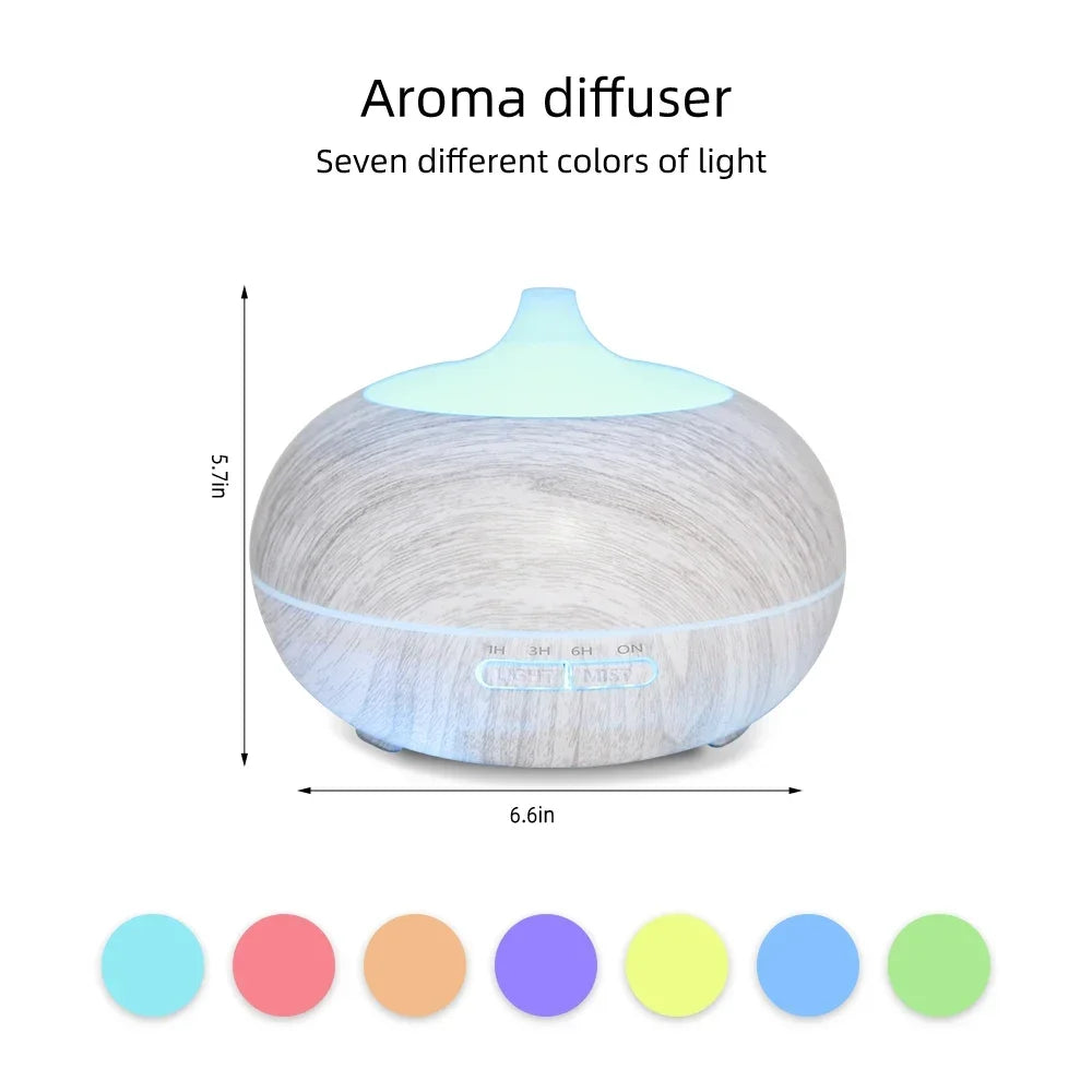 550ml Wood Grain Essential Oil Diffuser  Comes with Remote, 6 Oils & 7 Color LED Mood Light