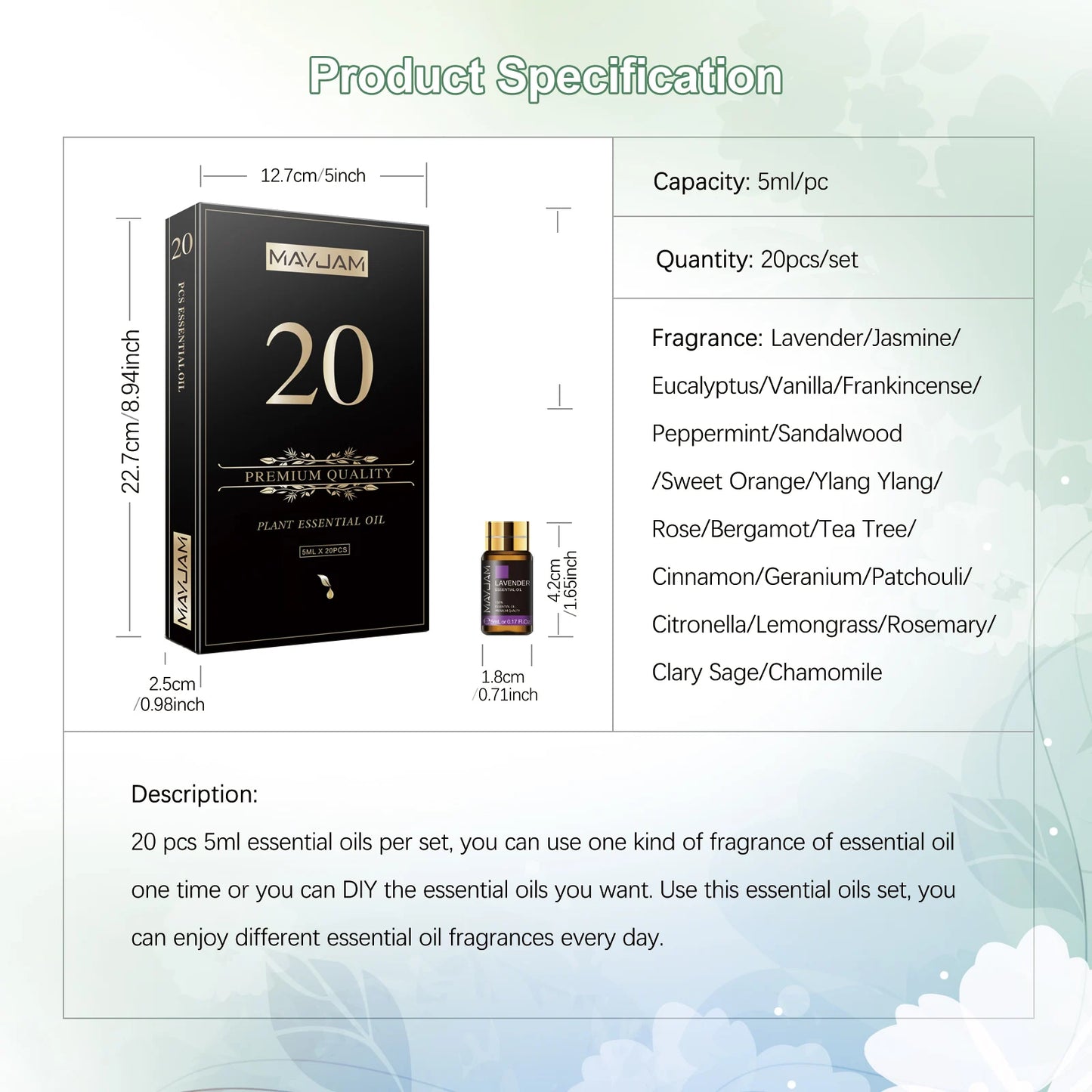 MAYJAM Essential Oils Kit Bottles Lavender Jasmine Vanilla