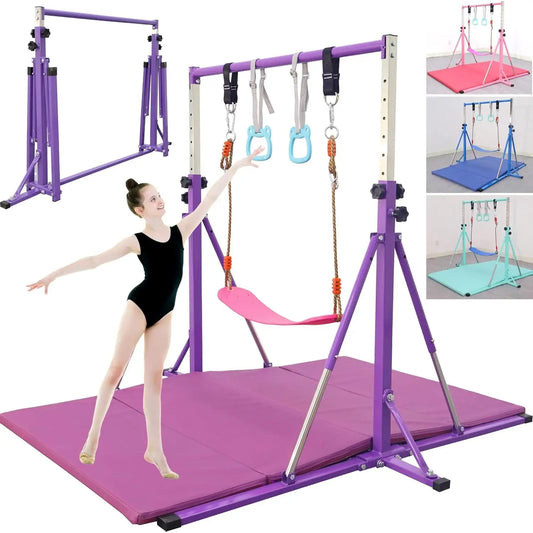 wFoldable Gymnastics Bar,5FT Horizontal bar,Adjustable Kids Training bar for Kids Ages 3-15,Kids Gymnastics bar,Triangle Stable