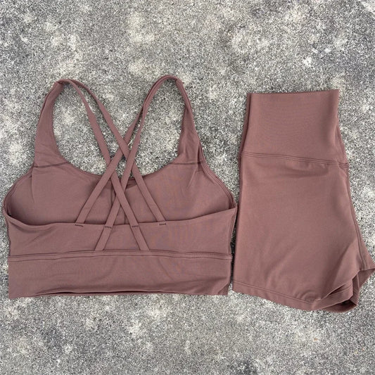 Women Gym Yoga Set Crossback Sports Bra Top and Shorts
