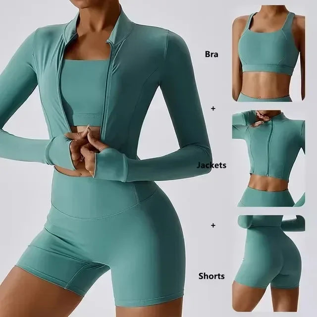 Stown Sportswear 3 Piece Yoga Set with Bra Jacket Shorts