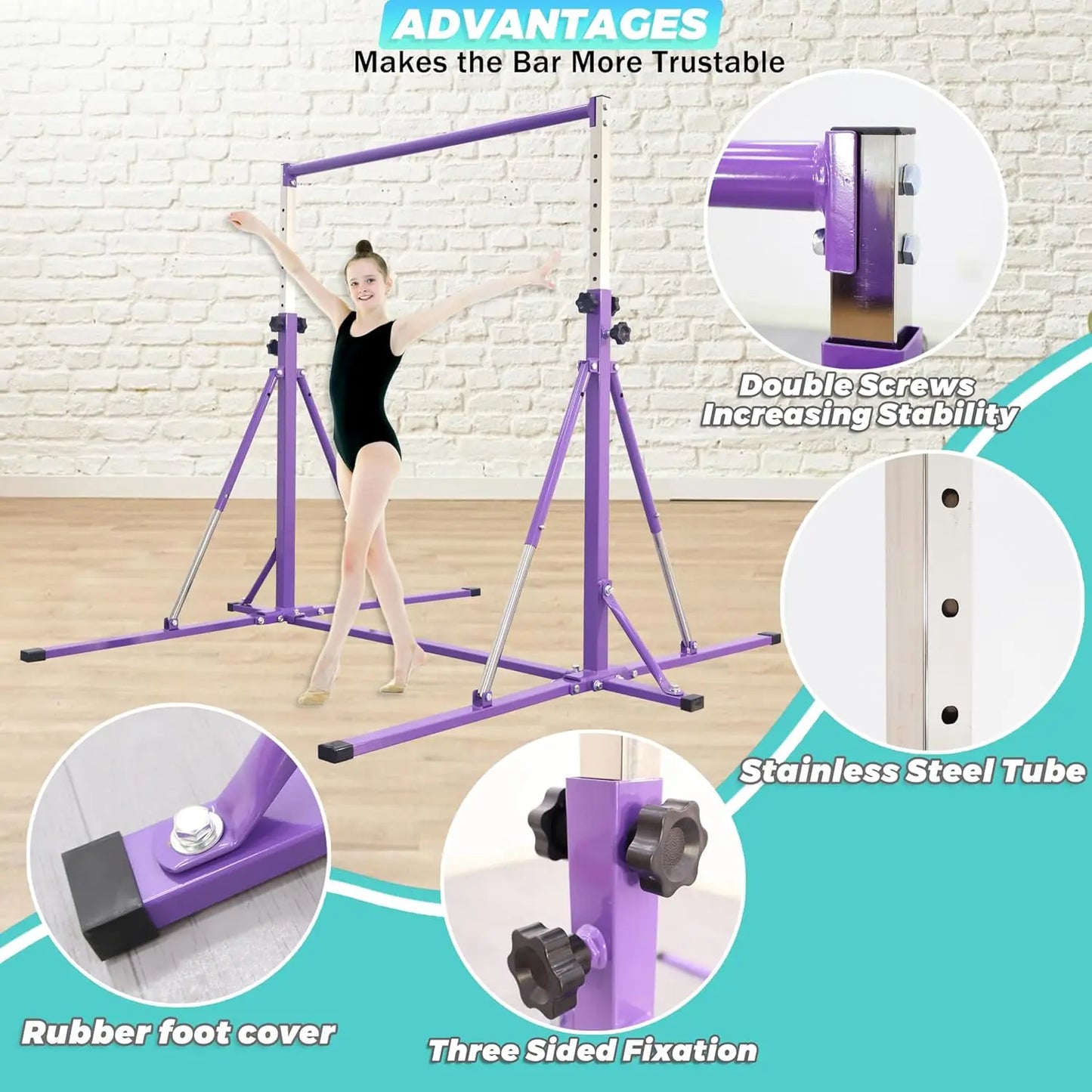 wFoldable Gymnastics Bar,5FT Horizontal bar,Adjustable Kids Training bar for Kids Ages 3-15,Kids Gymnastics bar,Triangle Stable